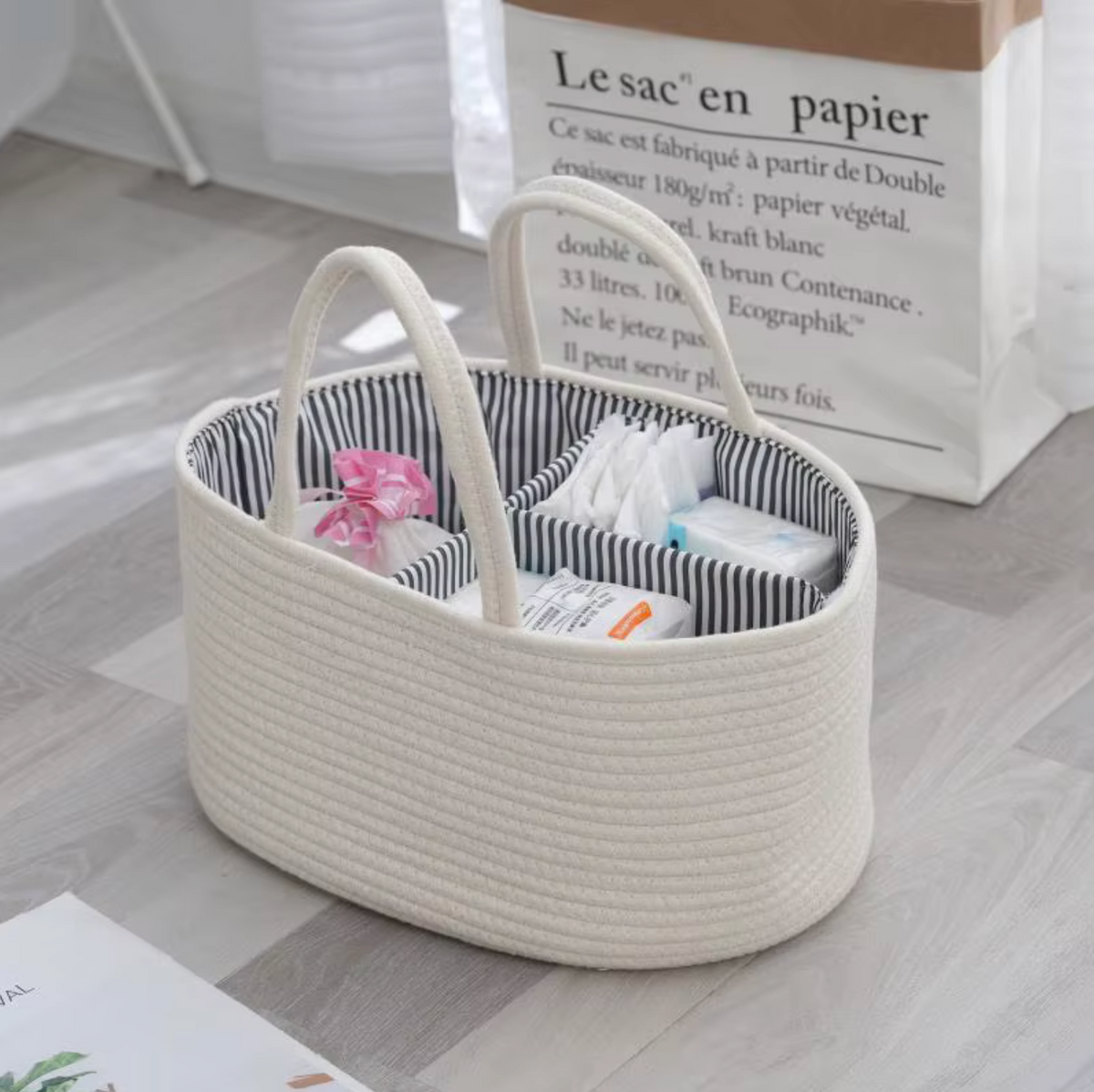 Cotton rope baby diaper caddy organiser in white