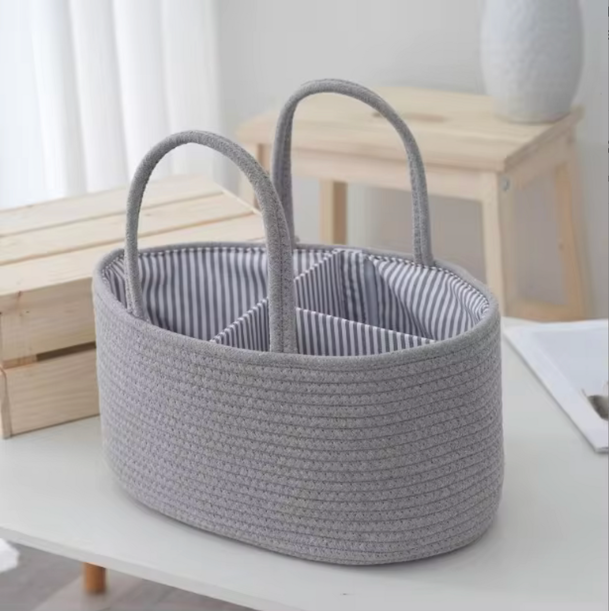 Cotton rope baby diaper caddy organiser in grey