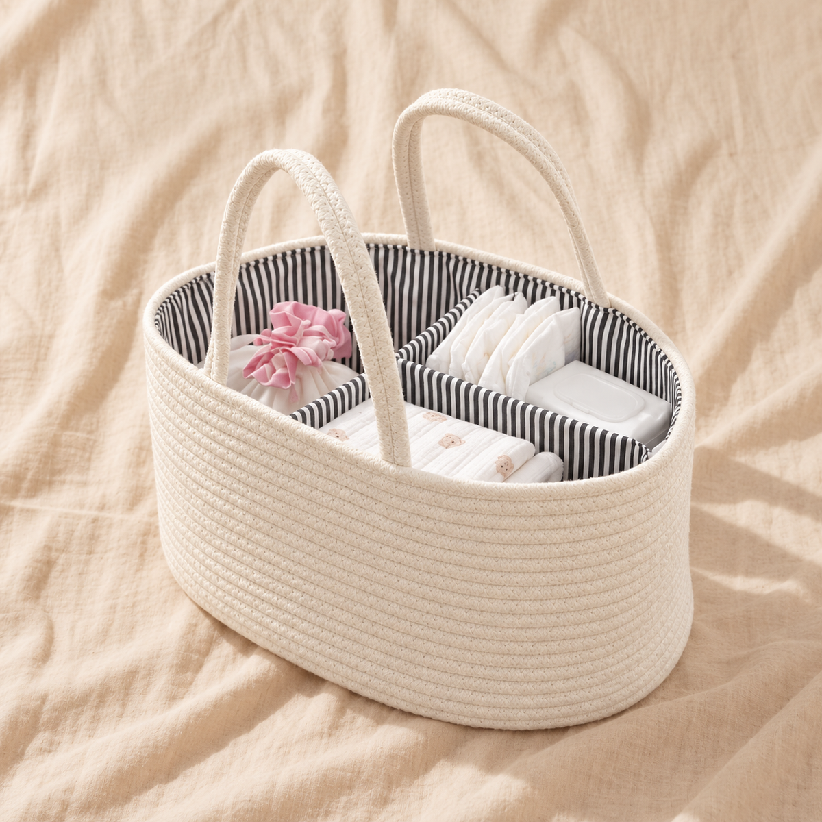 White cotton rope diaper caddy organiser filled with nappy essentials on cream linen
