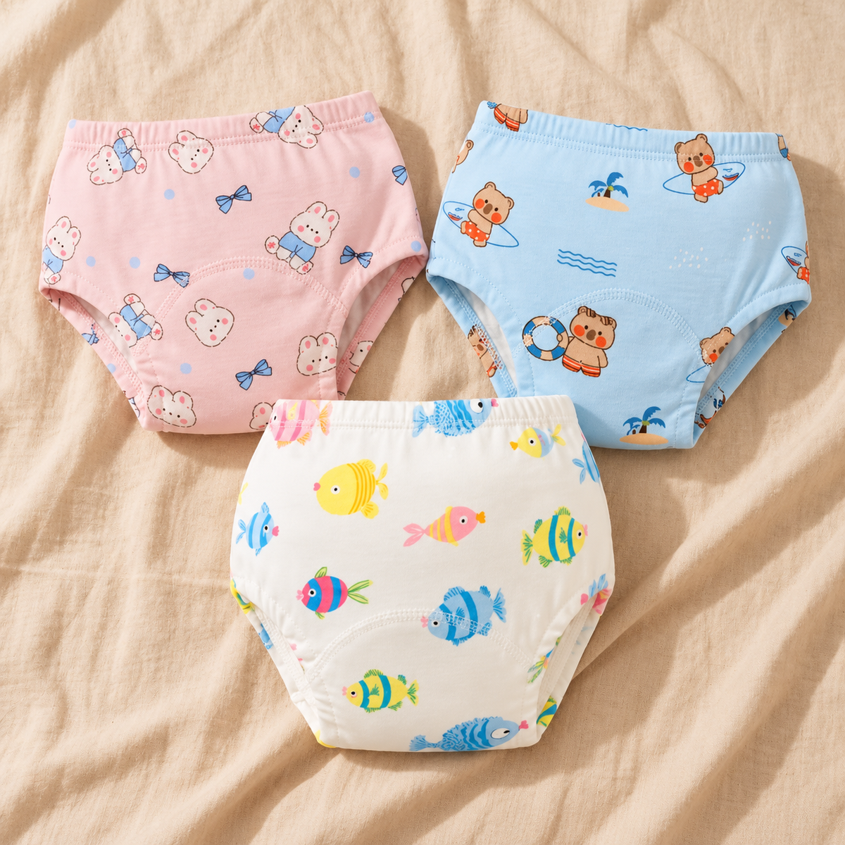 Reusable toddler training pants flat lay in pink bunny with bows, blue surfing bear, and white fish prints on cream linen