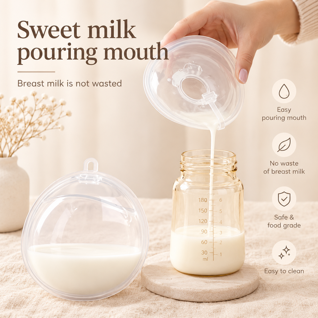 Silicone breast milk catcher pouring milk into bottle - easy pour spout, food grade, easy to clean
