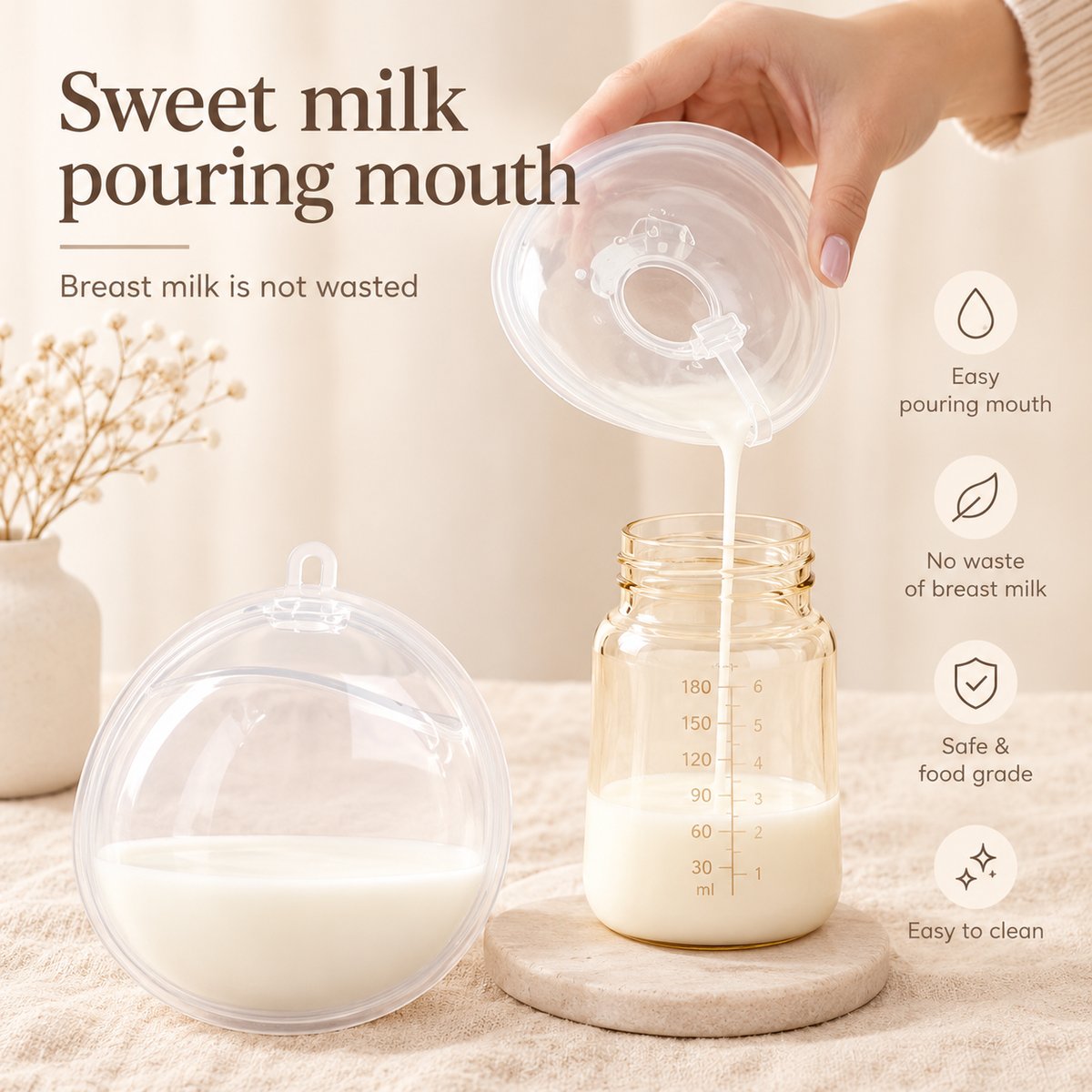 Silicone breast milk catcher pouring milk into bottle - easy pour spout, food grade, easy to clean