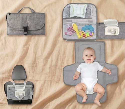 3-in-1 nappy changing clutch shown closed, open with storage, attached to car seat, and unfolded as changing mat with baby