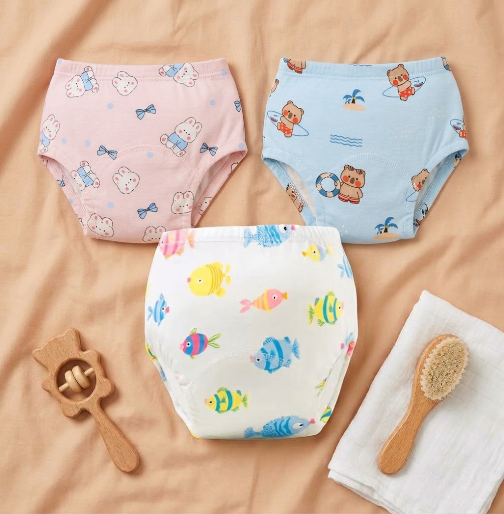 Reusable toddler training pants in pink bear with bows, blue surfing bear, and white fish prints on cream linen