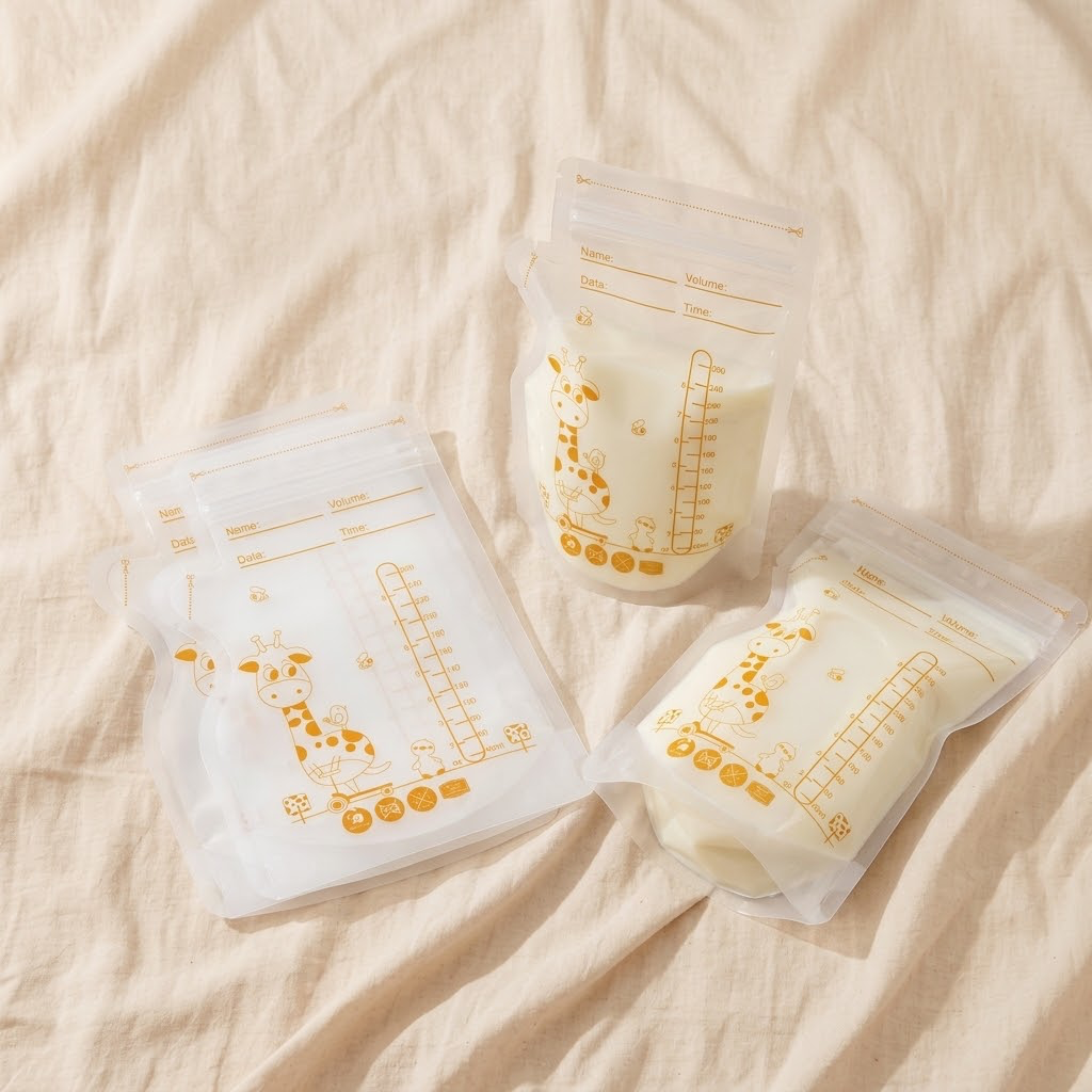 BPA-free breast milk storage bags with giraffe print laid flat on cream linen