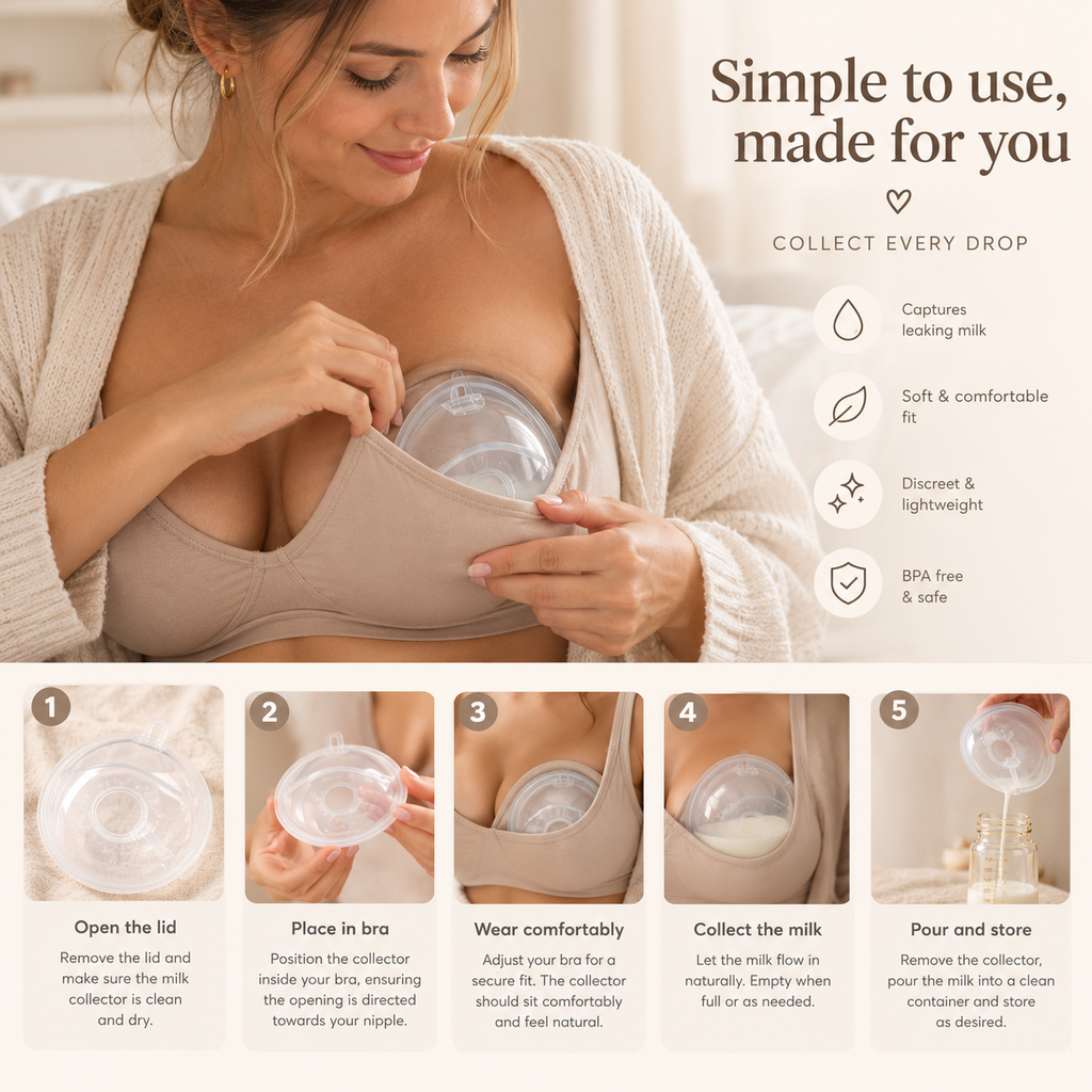 How to use silicone breast milk catcher - open lid, place in bra, wear comfortably, collect milk, pour and store