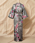 Satin kimono robe with floral peacock print in grey and pink on cream background
