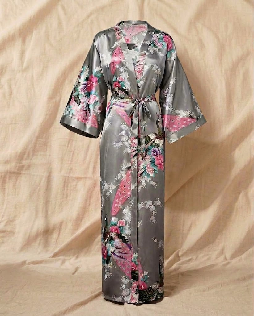 Satin kimono robe with floral peacock print in grey and pink on cream background