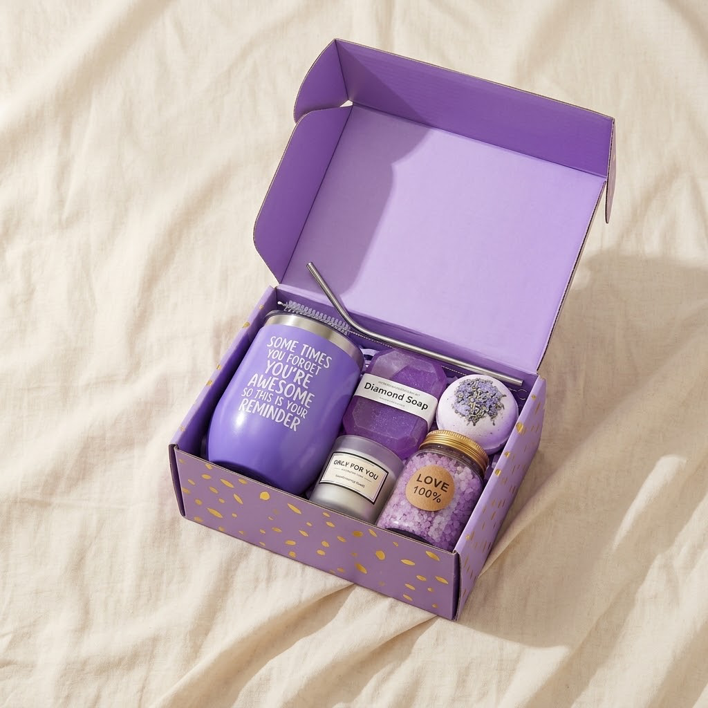 Lavender Spa Gift Set in purple box with tumbler, diamond soap, bath bomb and bath salts