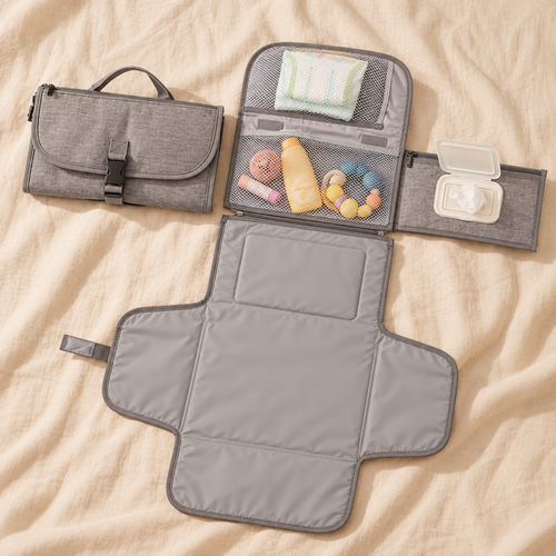 3-in-1 nappy changing clutch shown open flat with changing mat, storage pockets and wipes compartment