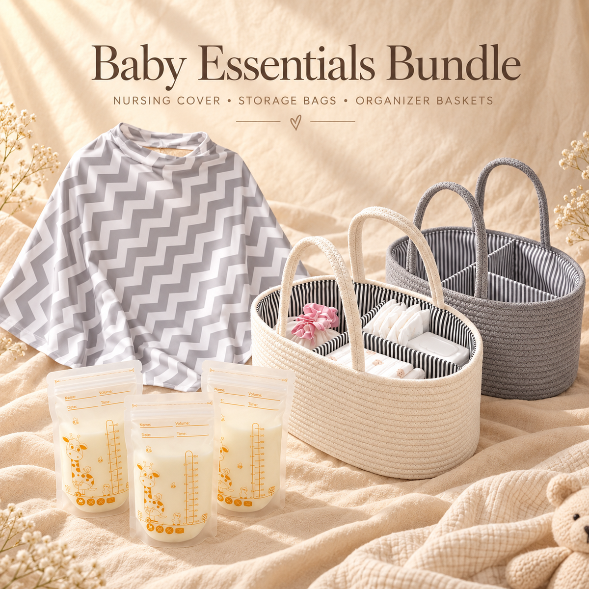 Baby Essentials Bundle - Nursing Cover, Storage Bags, Organizer Baskets