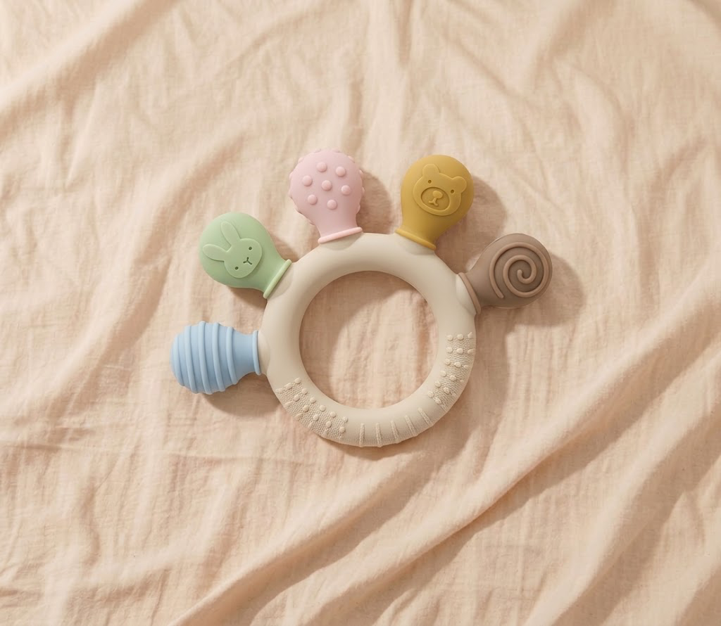 Baby sensory silicone ring teether with pastel coloured animal and textured attachments on cream linen