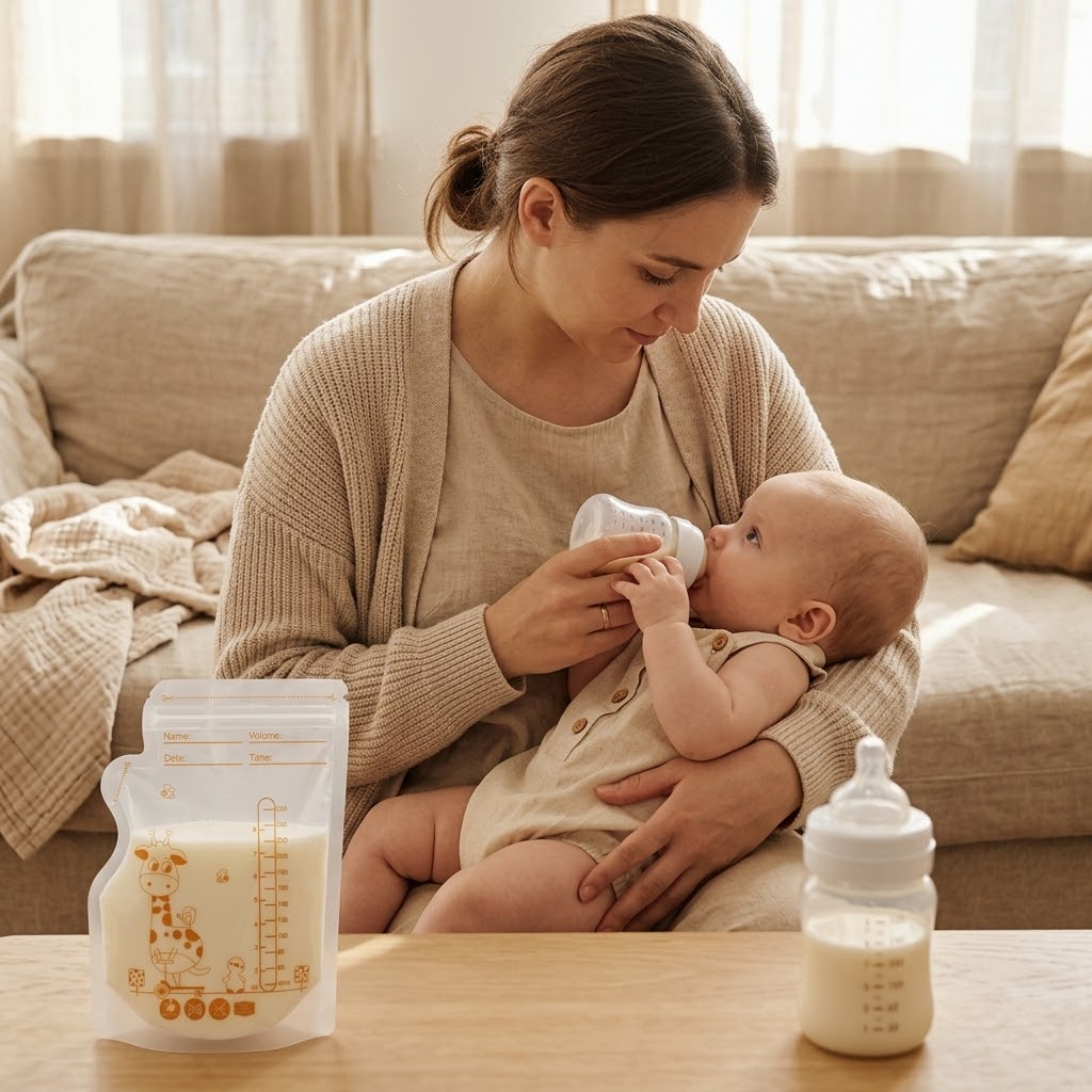Mom bottle feeding baby with breast milk storage bag on table in warm living room