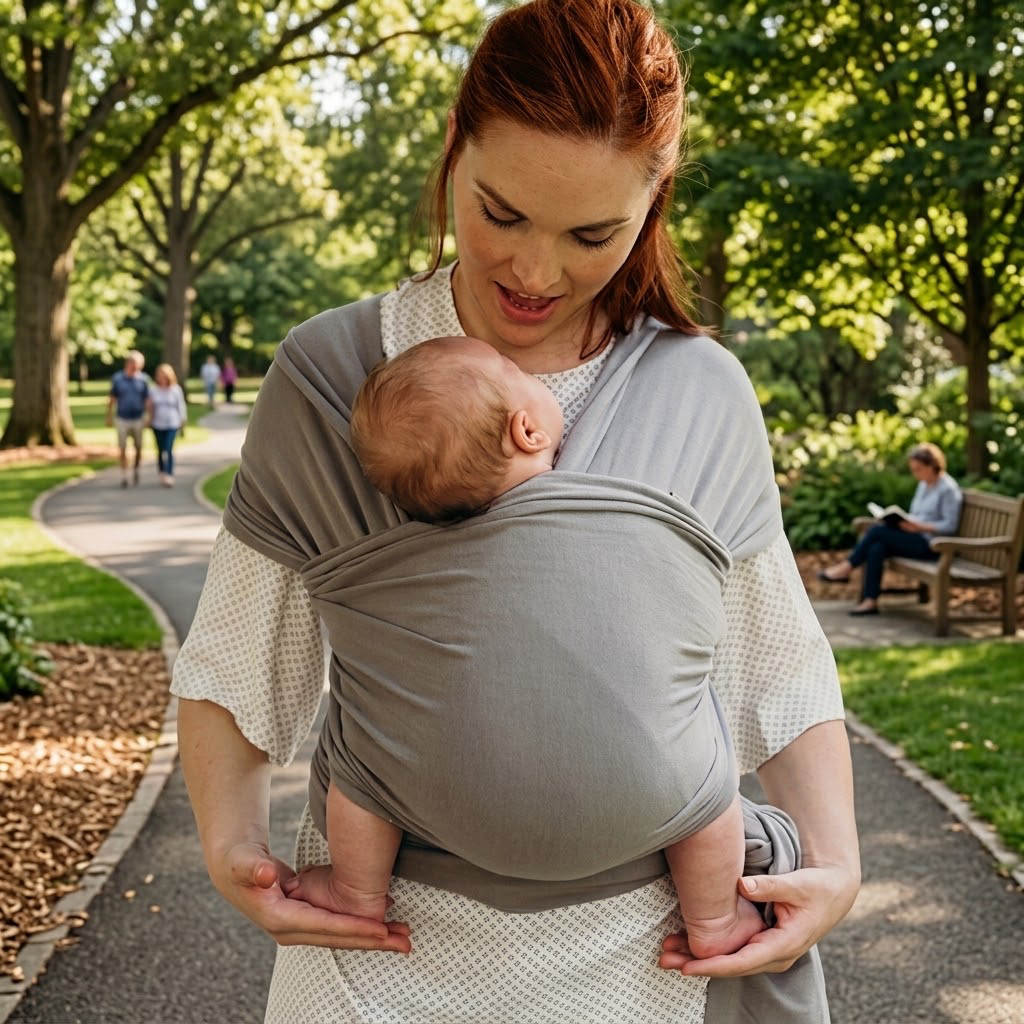 Mom wearing grey baby wrap carrier holding sleeping baby in a sunny park