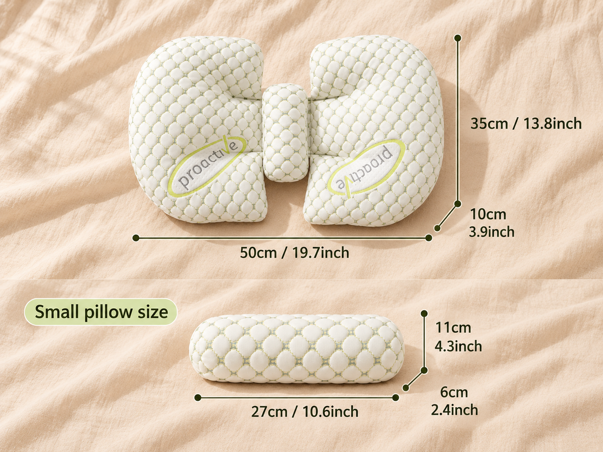 U-shaped pregnancy pillow with dimensions shown - 50cm x 35cm x 10cm with small support pillow
