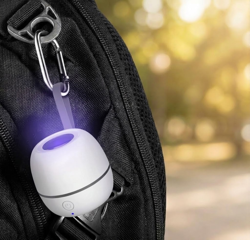 Portable UV steriliser clipped onto backpack with UV light glowing