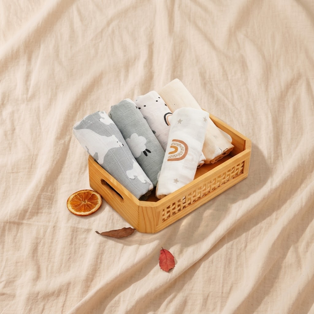 Five patterned muslin baby cloths in a wooden display basket on beige linen; basket and styling accessories not included
