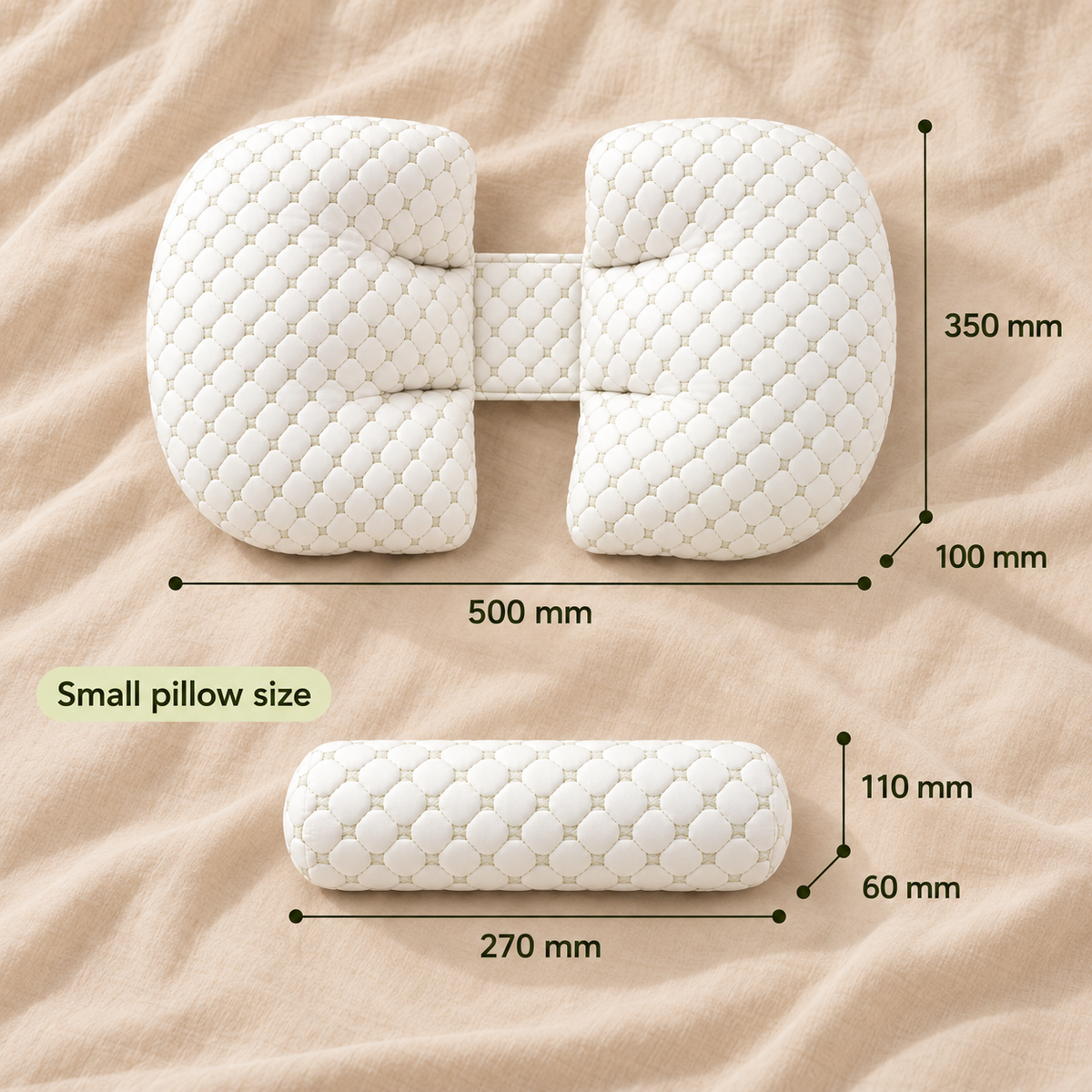 Compact pregnancy pillow measuring 500 by 350 by 100 mm and small rectangular bolster measuring 270 by 110 by 60 mm on warm beige linen