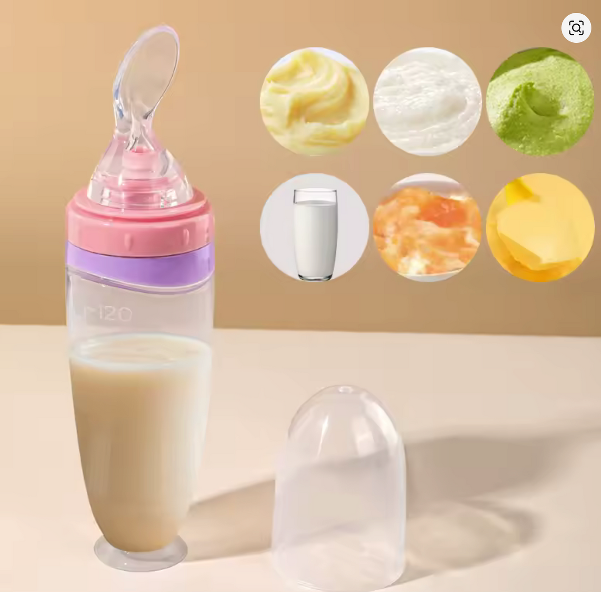 120 ml silicone squeeze spoon feeder with pink collar, detachable clear spoon and protective cap